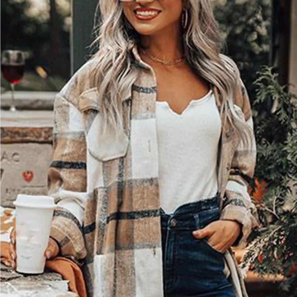 Women Button up plaids tan cozy flannel tunic oversized tops